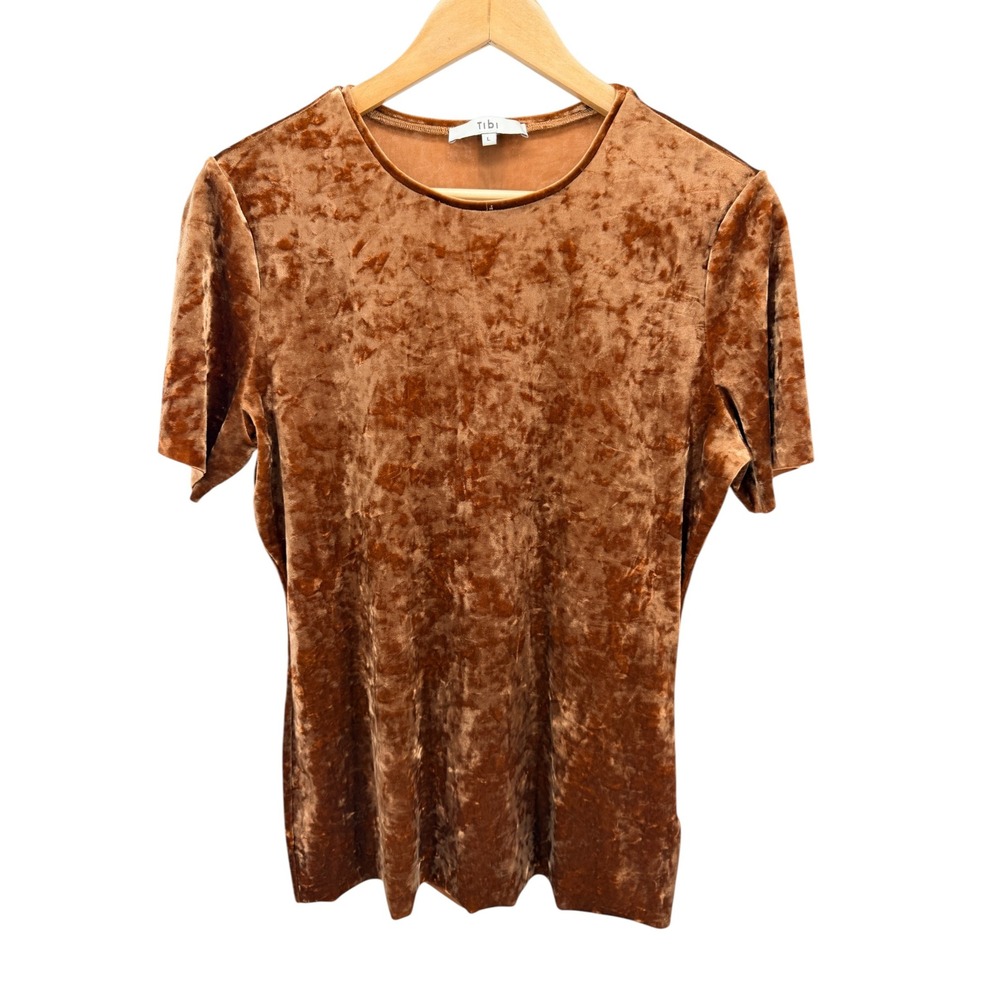 Tibi Crushed Velvet T-Shirt Large L Brown Copper Shimmer Blouse 90s Y2K Grunge